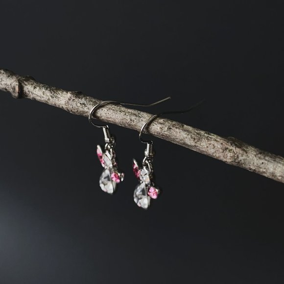 Dainty Silver Angel Crystal Rhinestone Pink Wings October Birthstone Earrings - Picture 3 of 7